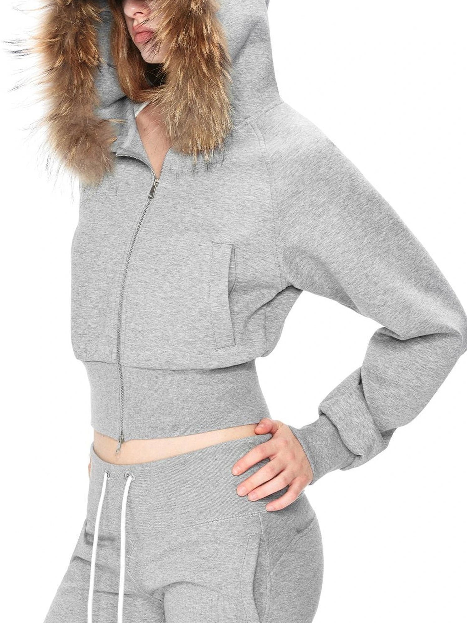 kvkv Cropped Hooded Zip Up With Fox Fur Trim