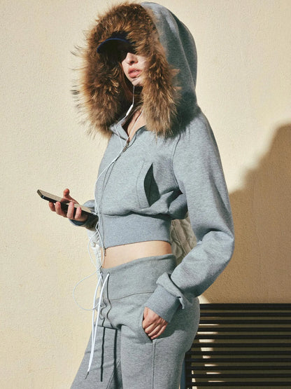 kvkv Cropped Hooded Zip Up With Fox Fur Trim