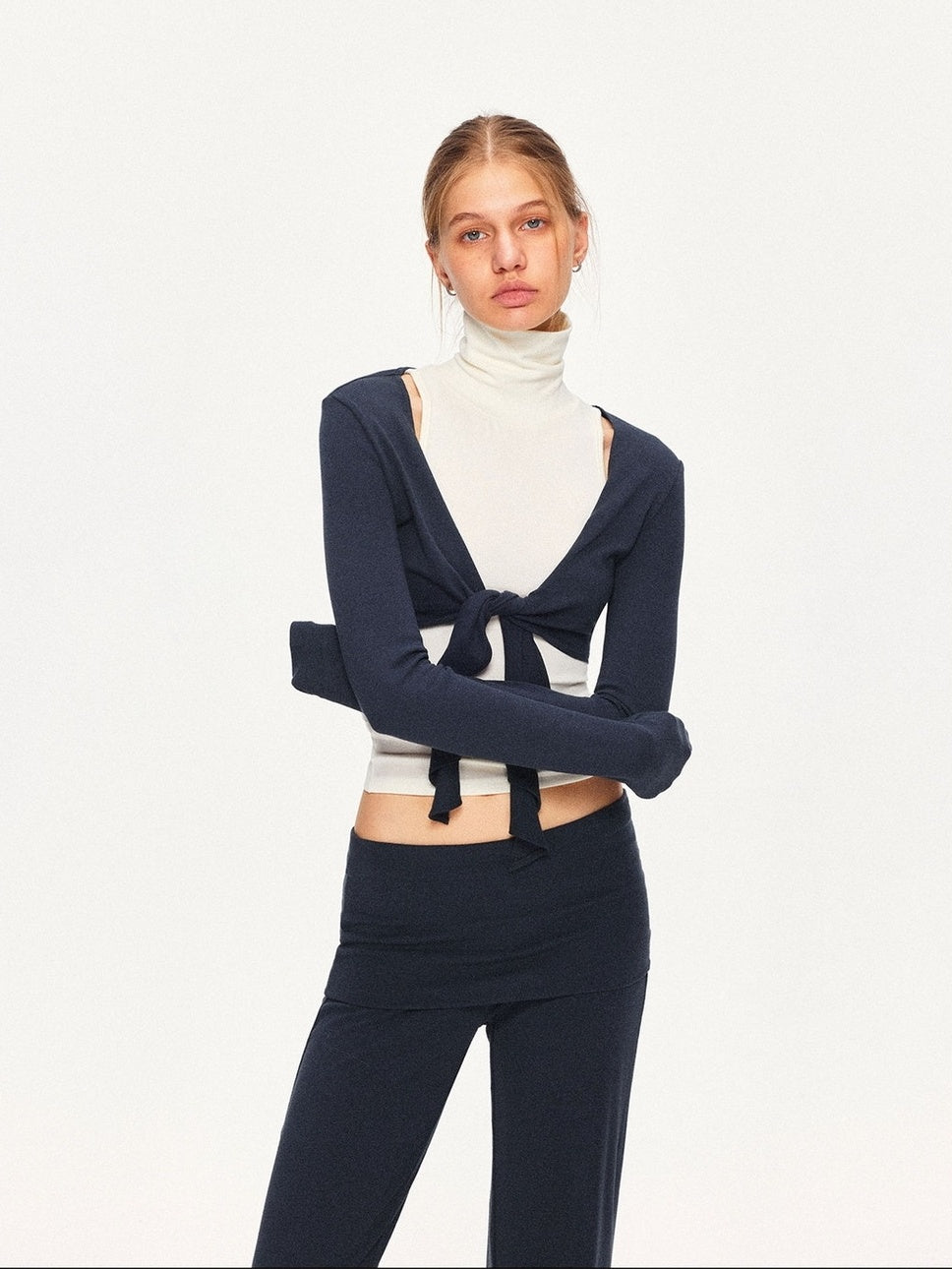 kvkv Cropped Long Sleeve Athletic Unisex Yoga Solid Navy Acrylic Blend T-Shirt