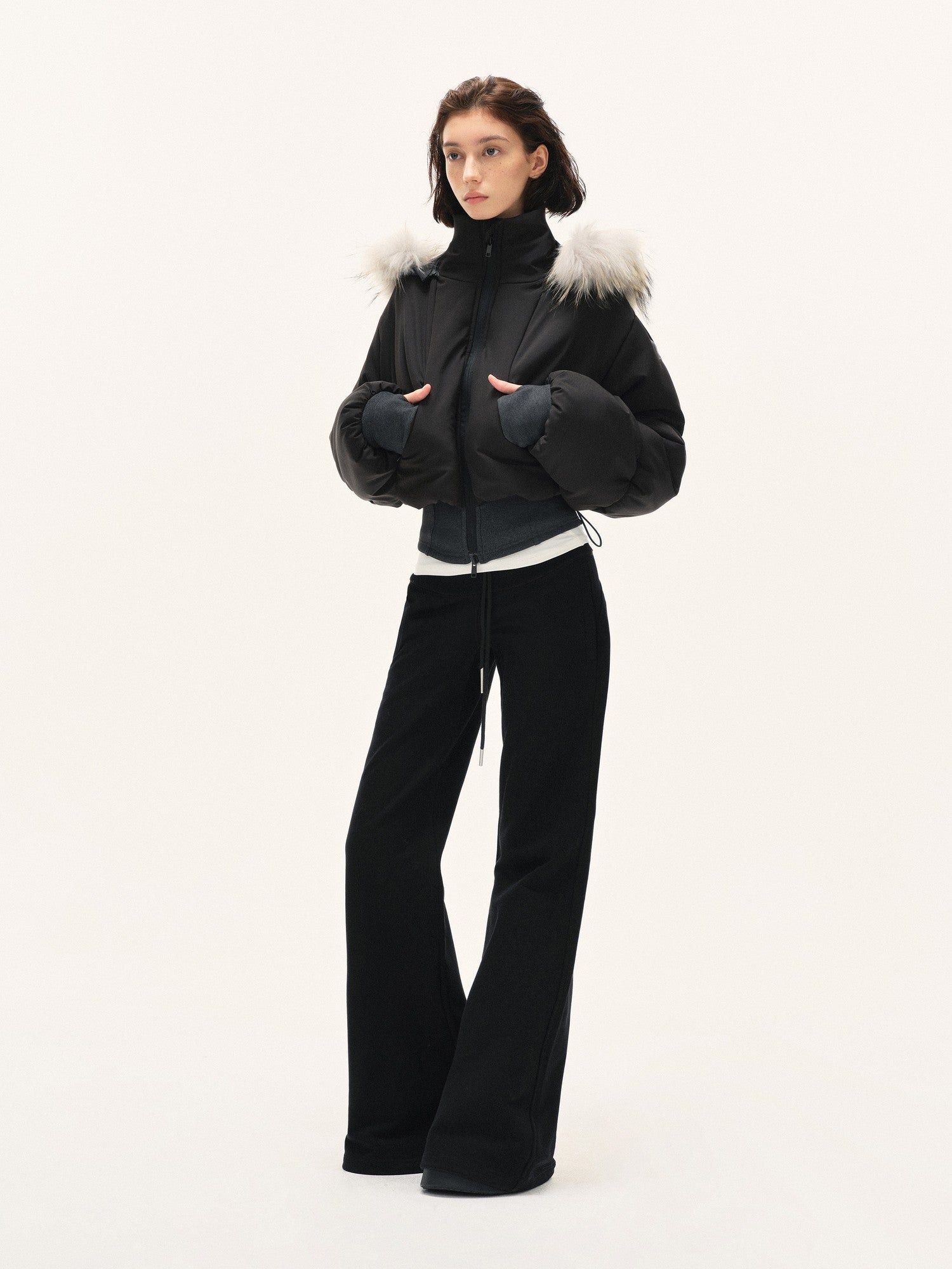 kvkv Cropped Real Fur Collar Waist Cinched Hooded Women&
