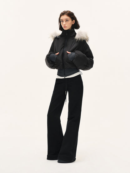 kvkv Cropped Real Fur Collar Waist Cinched Hooded Women&