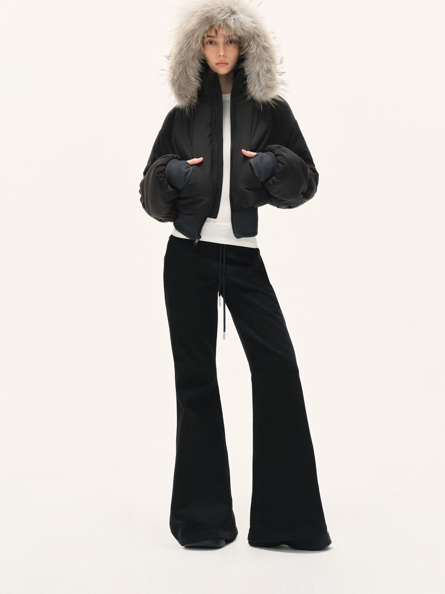 kvkv Cropped Real Fur Collar Waist Cinched Hooded Women&