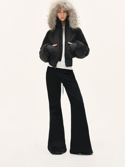 kvkv Cropped Real Fur Collar Waist Cinched Hooded Women&