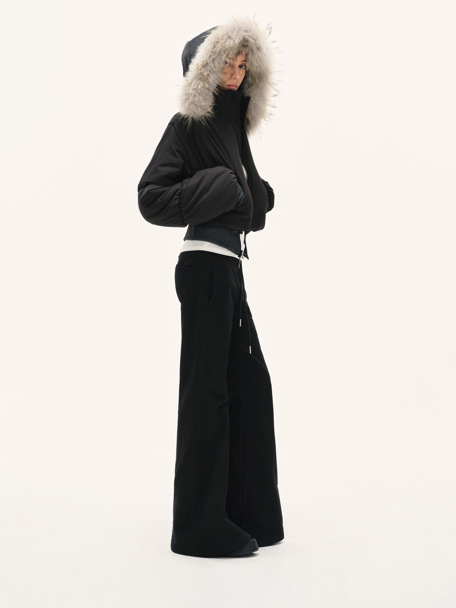 kvkv Cropped Real Fur Collar Waist Cinched Hooded Women&