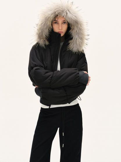 kvkv Cropped Real Fur Collar Waist Cinched Hooded Women&