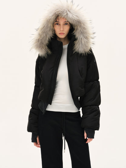 kvkv Cropped Real Fur Collar Waist Cinched Hooded Women&