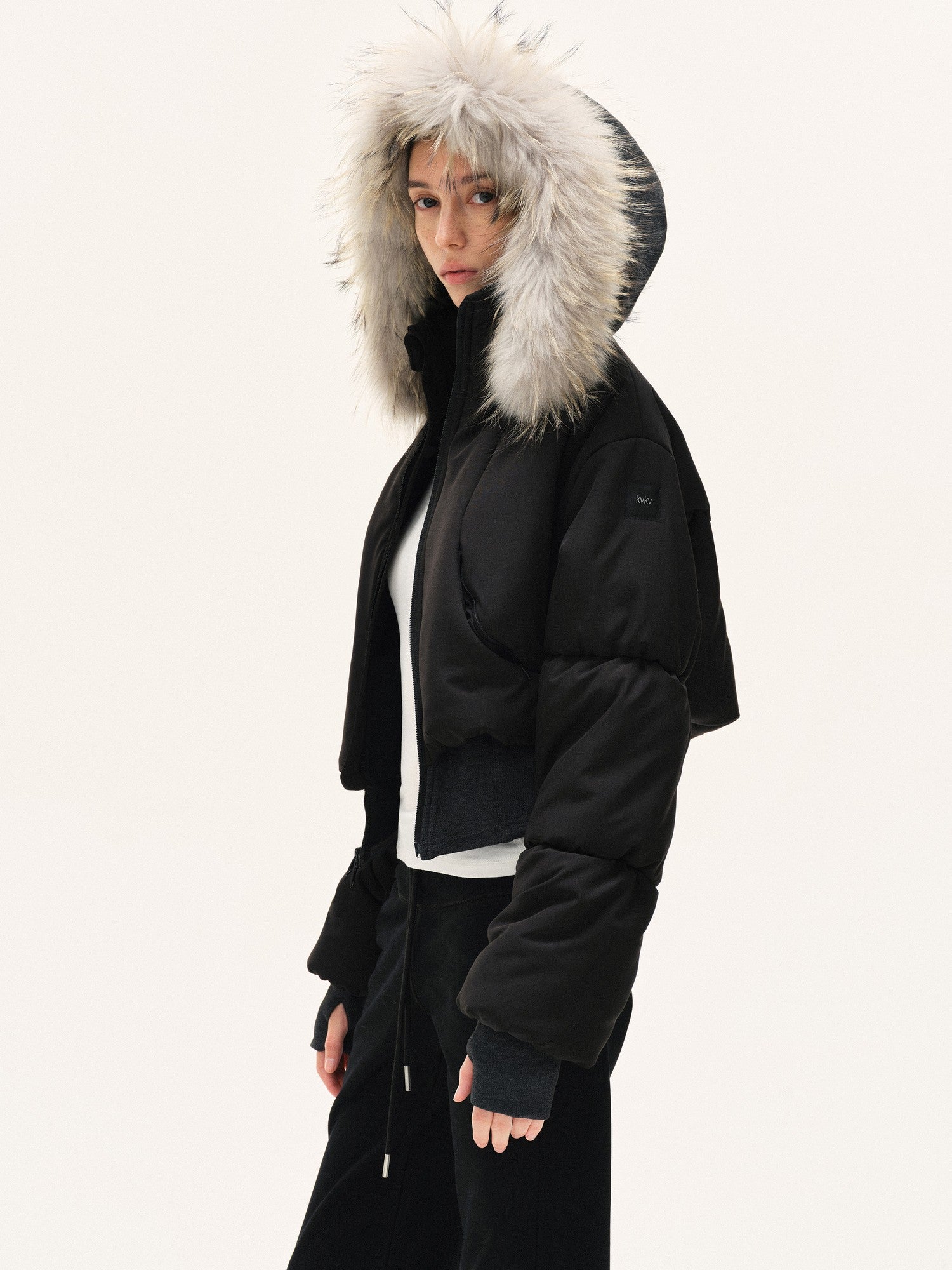 kvkv Cropped Real Fur Collar Waist Cinched Hooded Women&