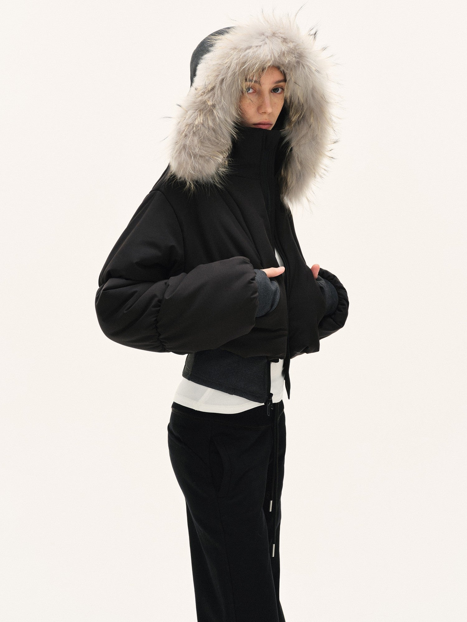 kvkv Cropped Real Fur Collar Waist Cinched Hooded Women&