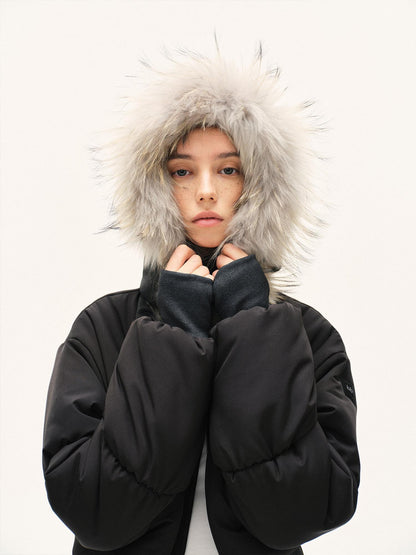 kvkv Cropped Real Fur Collar Waist Cinched Hooded Women&