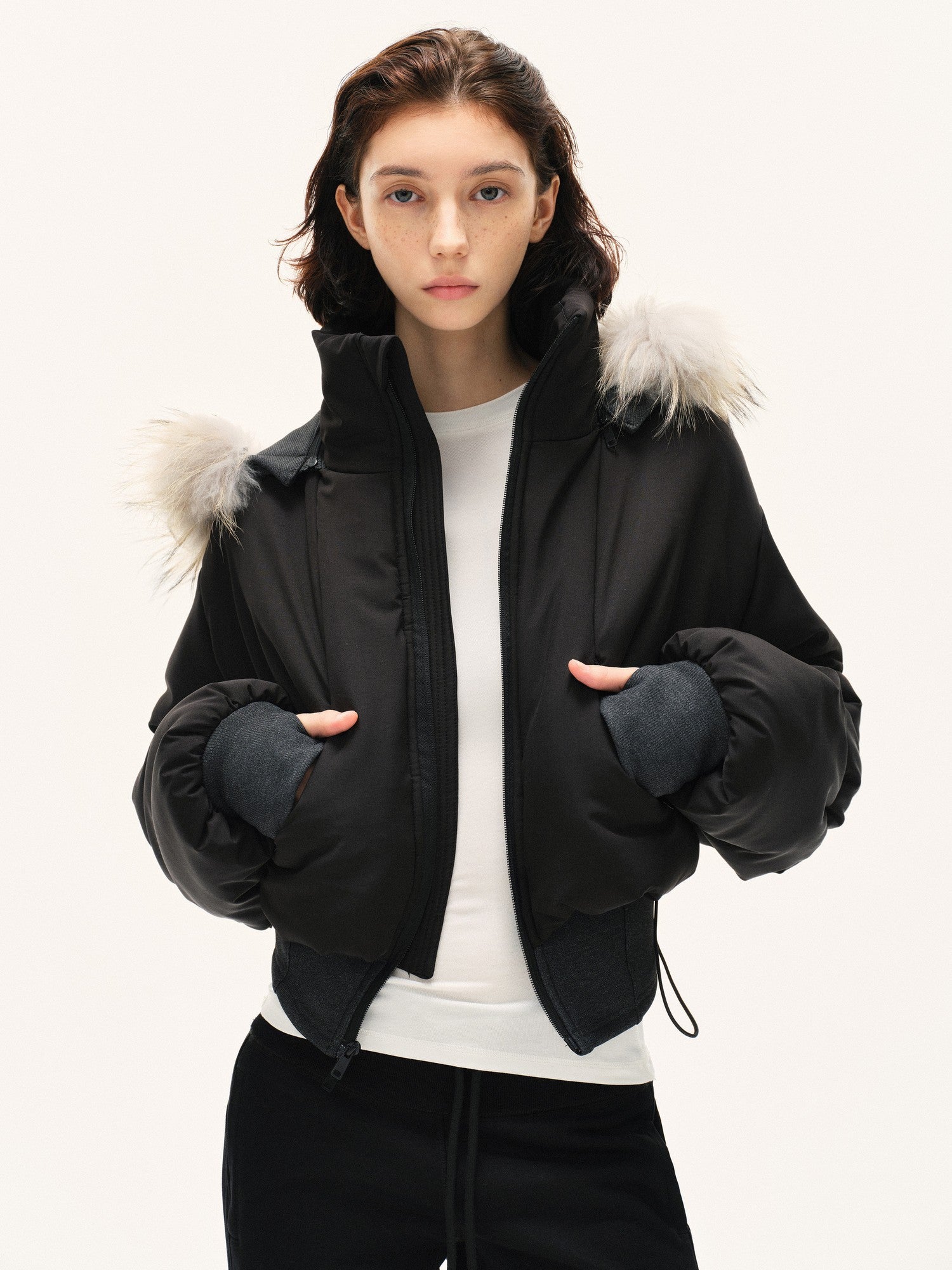 kvkv Cropped Real Fur Collar Waist Cinched Hooded Women&