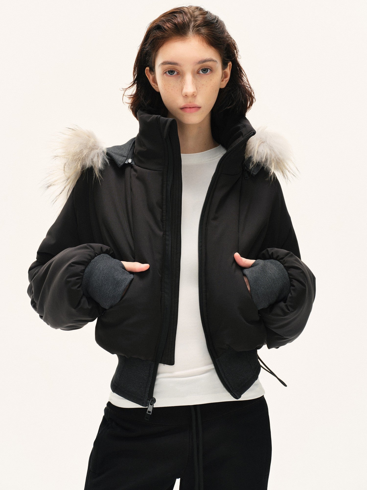 kvkv Cropped Real Fur Collar Waist Cinched Hooded Women&