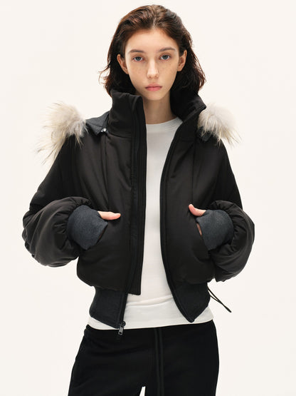kvkv Cropped Real Fur Collar Waist Cinched Hooded Women&