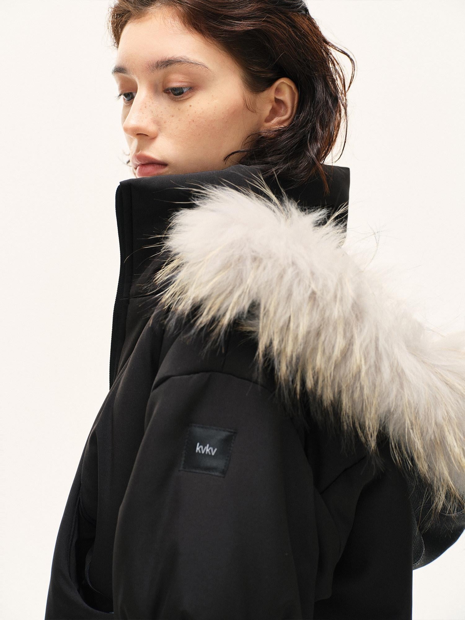 kvkv Cropped Real Fur Collar Waist Cinched Hooded Women&