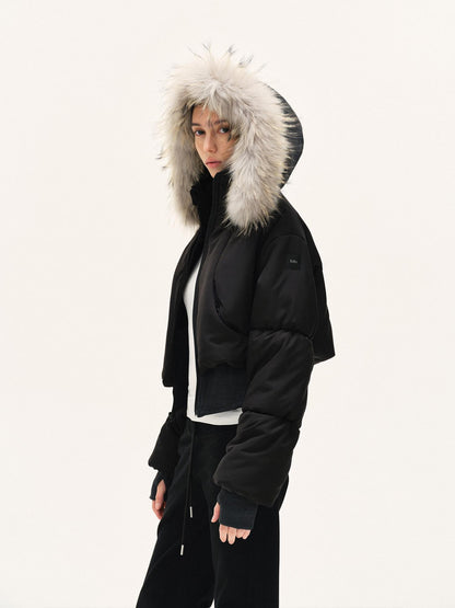kvkv Cropped Real Fur Collar Waist Cinched Hooded Women&