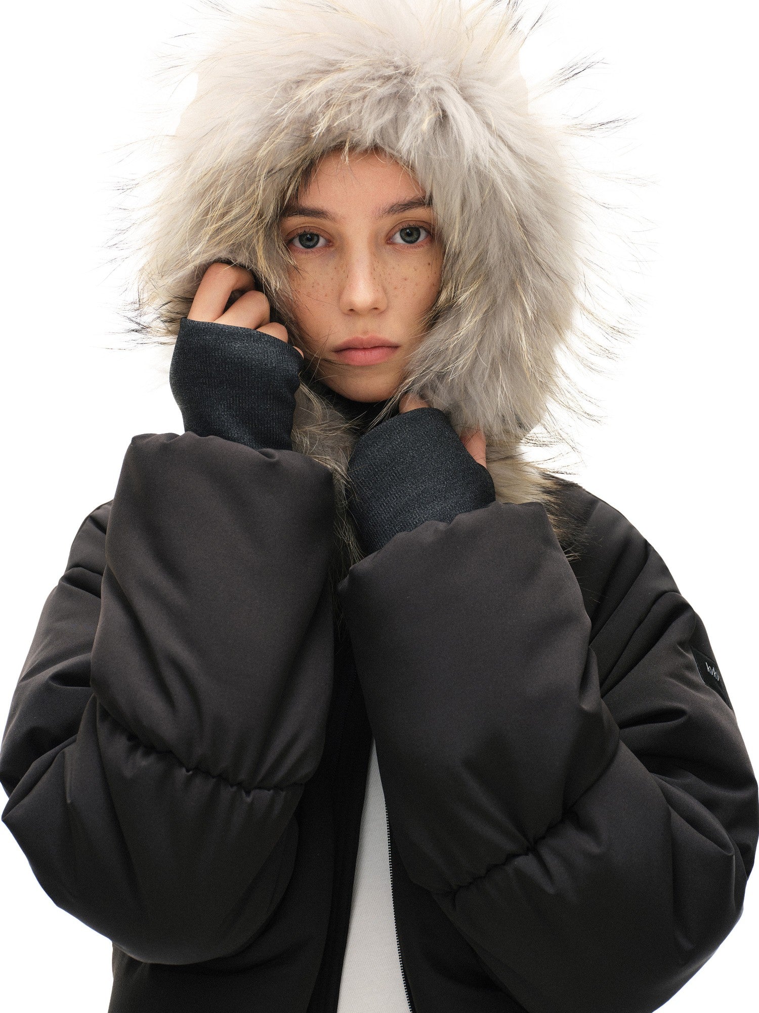 kvkv Cropped Real Fur Collar Waist Cinched Hooded Women&