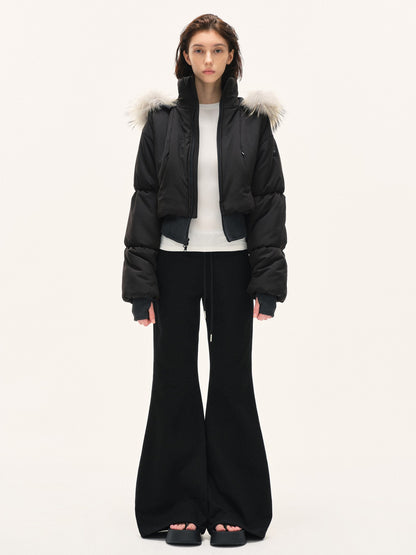 kvkv Cropped Real Fur Collar Waist Cinched Hooded Women&