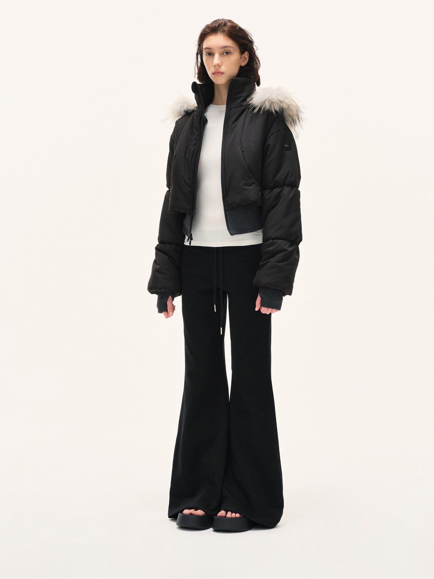 kvkv Cropped Real Fur Collar Waist Cinched Hooded Women&