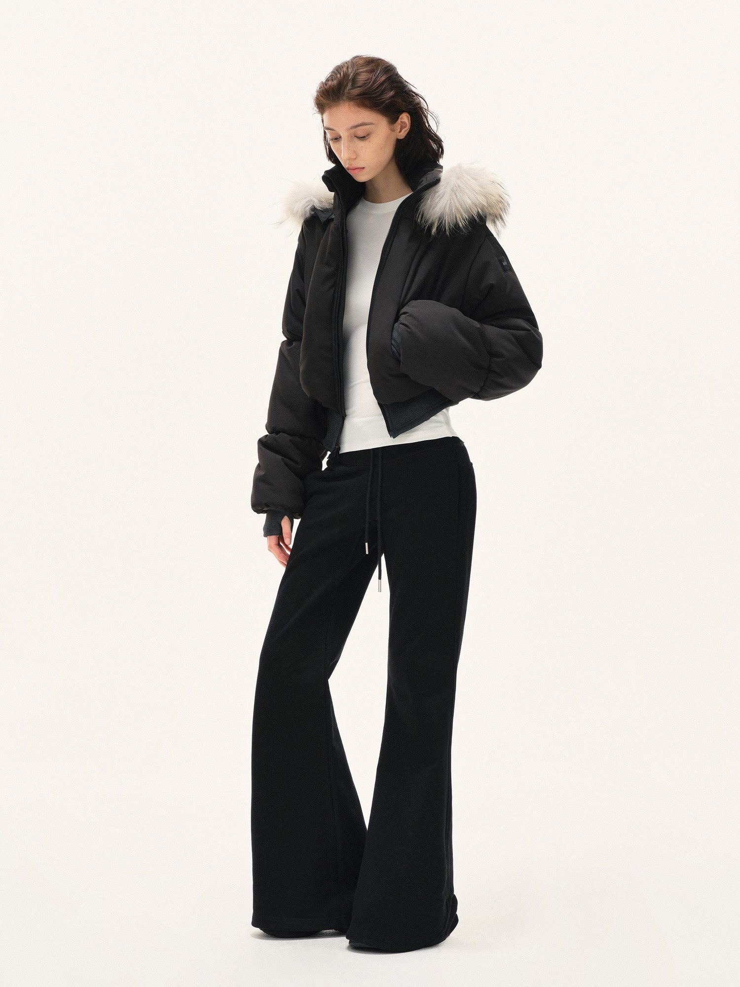 kvkv Cropped Real Fur Collar Waist Cinched Hooded Women&