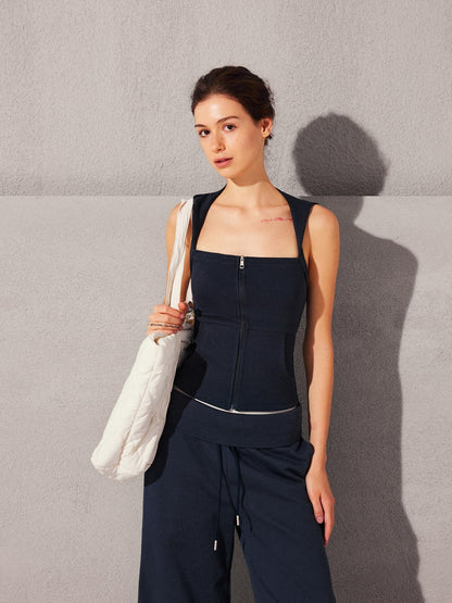 kvkv Cropped Zip Up Cotton Blend Athletic U Neck Women Casual Navy Hoodies