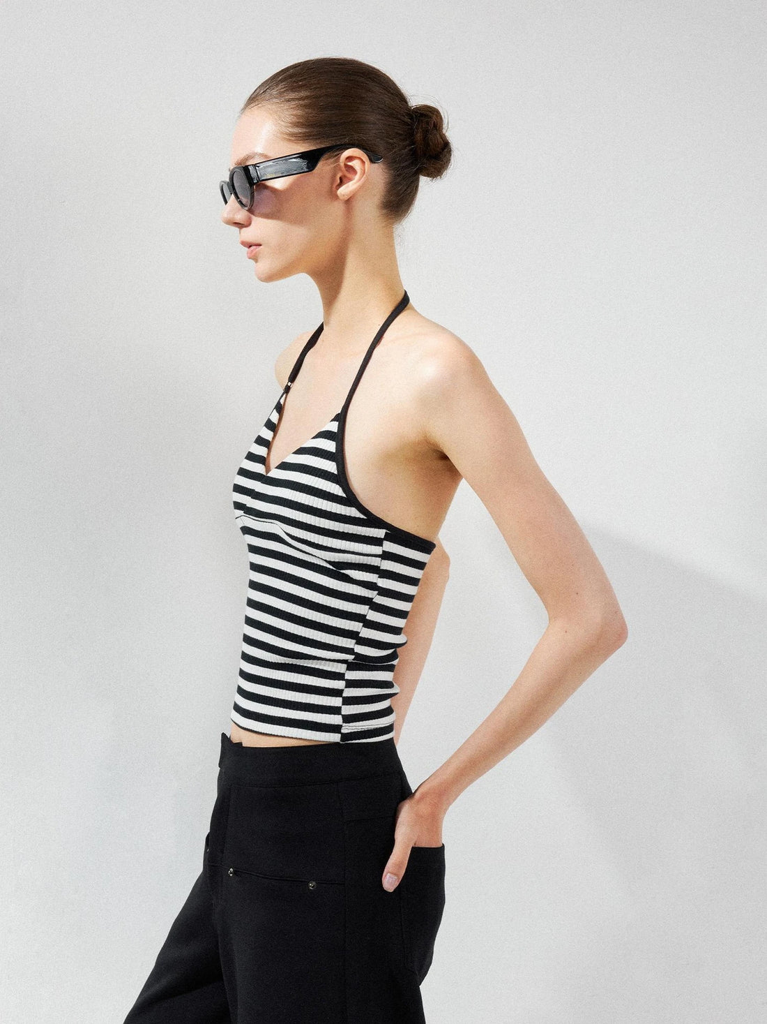 kvkv Cross V-neck Striped Ribbed Halter Top