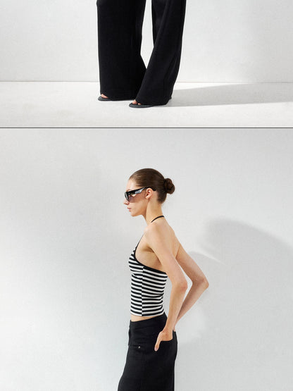 kvkv Cross V-neck Striped Ribbed Halter Top