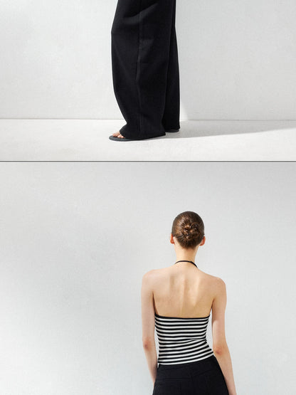 kvkv Cross V-neck Striped Ribbed Halter Top