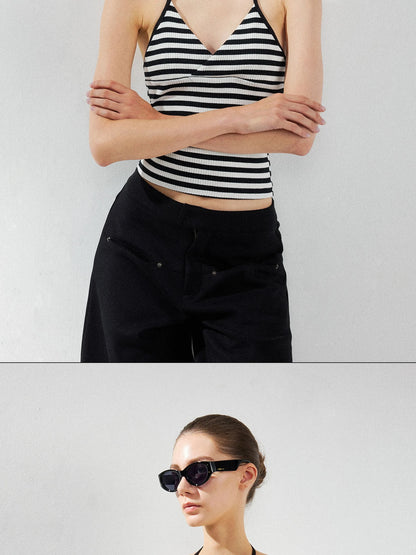 kvkv Cross V-neck Striped Ribbed Halter Top