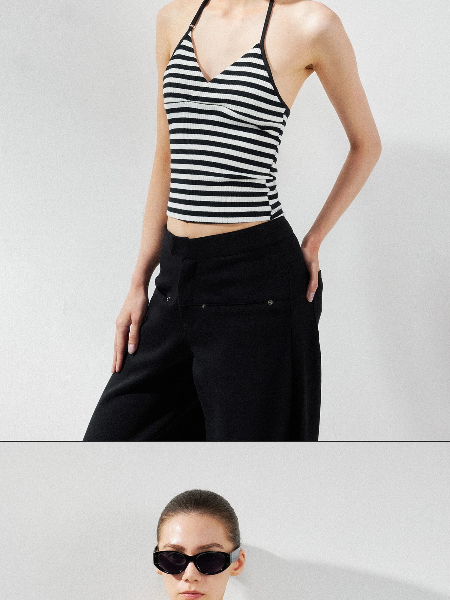 kvkv Cross V-neck Striped Ribbed Halter Top