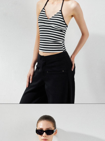 kvkv Cross V-neck Striped Ribbed Halter Top