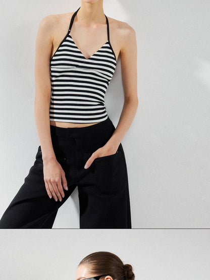 kvkv Cross V-neck Striped Ribbed Halter Top