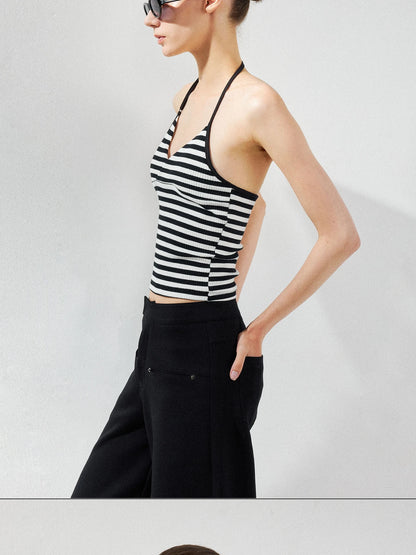kvkv Cross V-neck Striped Ribbed Halter Top