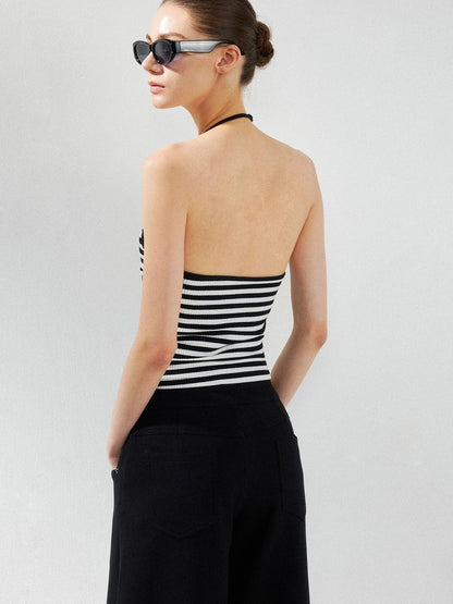 kvkv Cross V-neck Striped Ribbed Halter Top