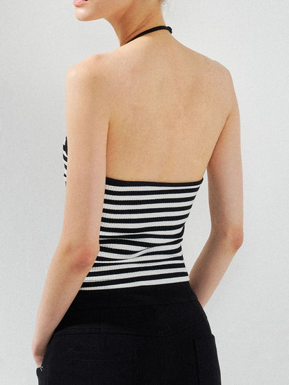 kvkv Cross V-neck Striped Ribbed Halter Top