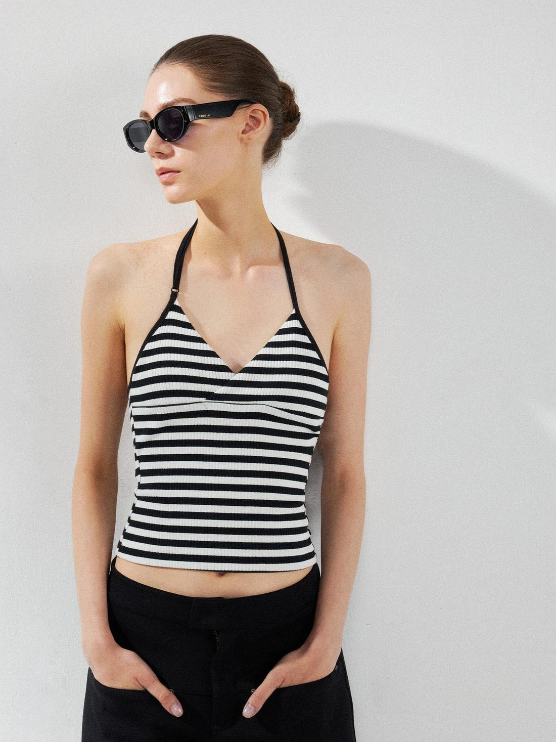 kvkv Cross V-neck Striped Ribbed Halter Top