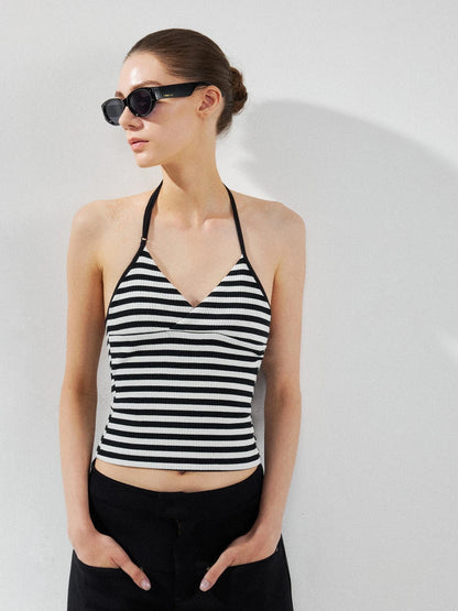 kvkv Cross V-neck Striped Ribbed Halter Top