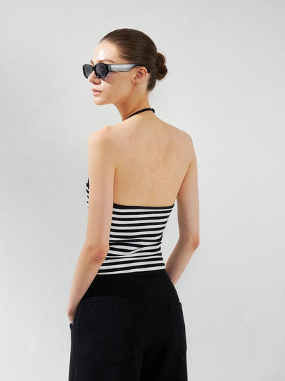 kvkv Cross V-neck Striped Ribbed Halter Top