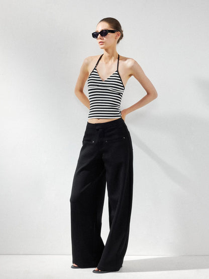 kvkv Cross V-neck Striped Ribbed Halter Top