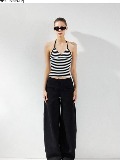 kvkv Cross V-neck Striped Ribbed Halter Top
