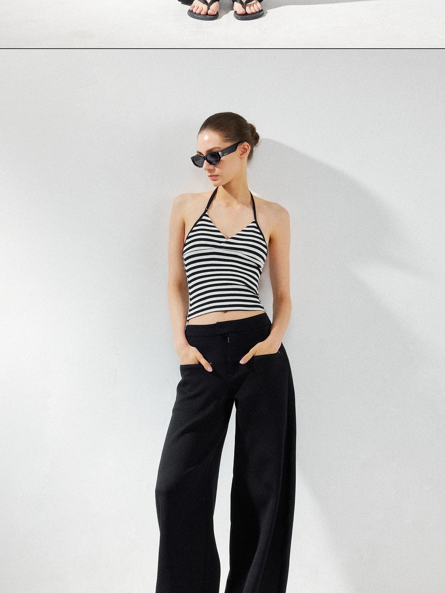 kvkv Cross V-neck Striped Ribbed Halter Top