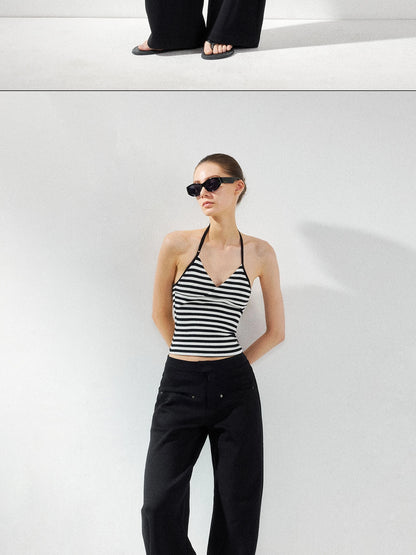 kvkv Cross V-neck Striped Ribbed Halter Top