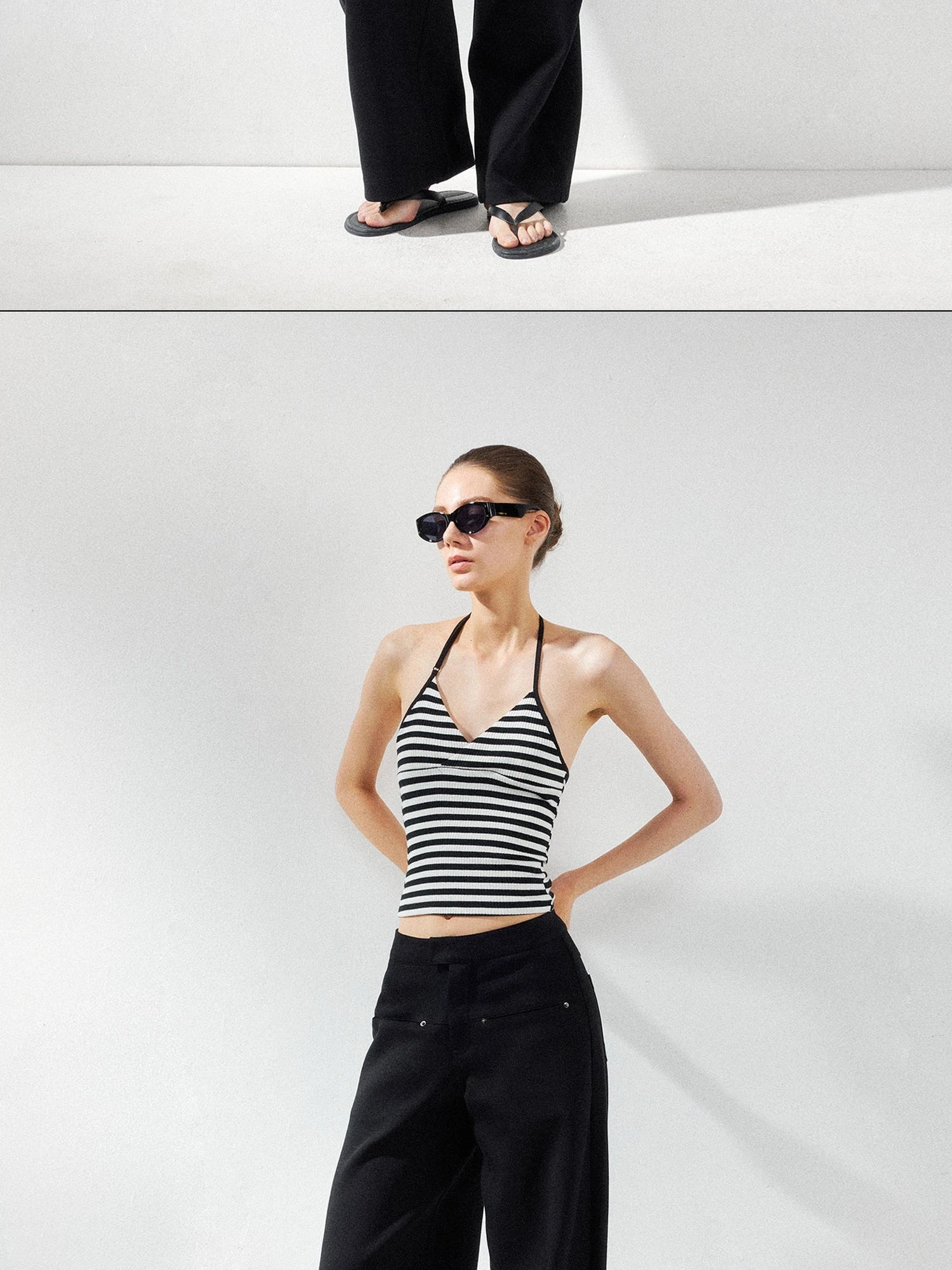 kvkv Cross V-neck Striped Ribbed Halter Top