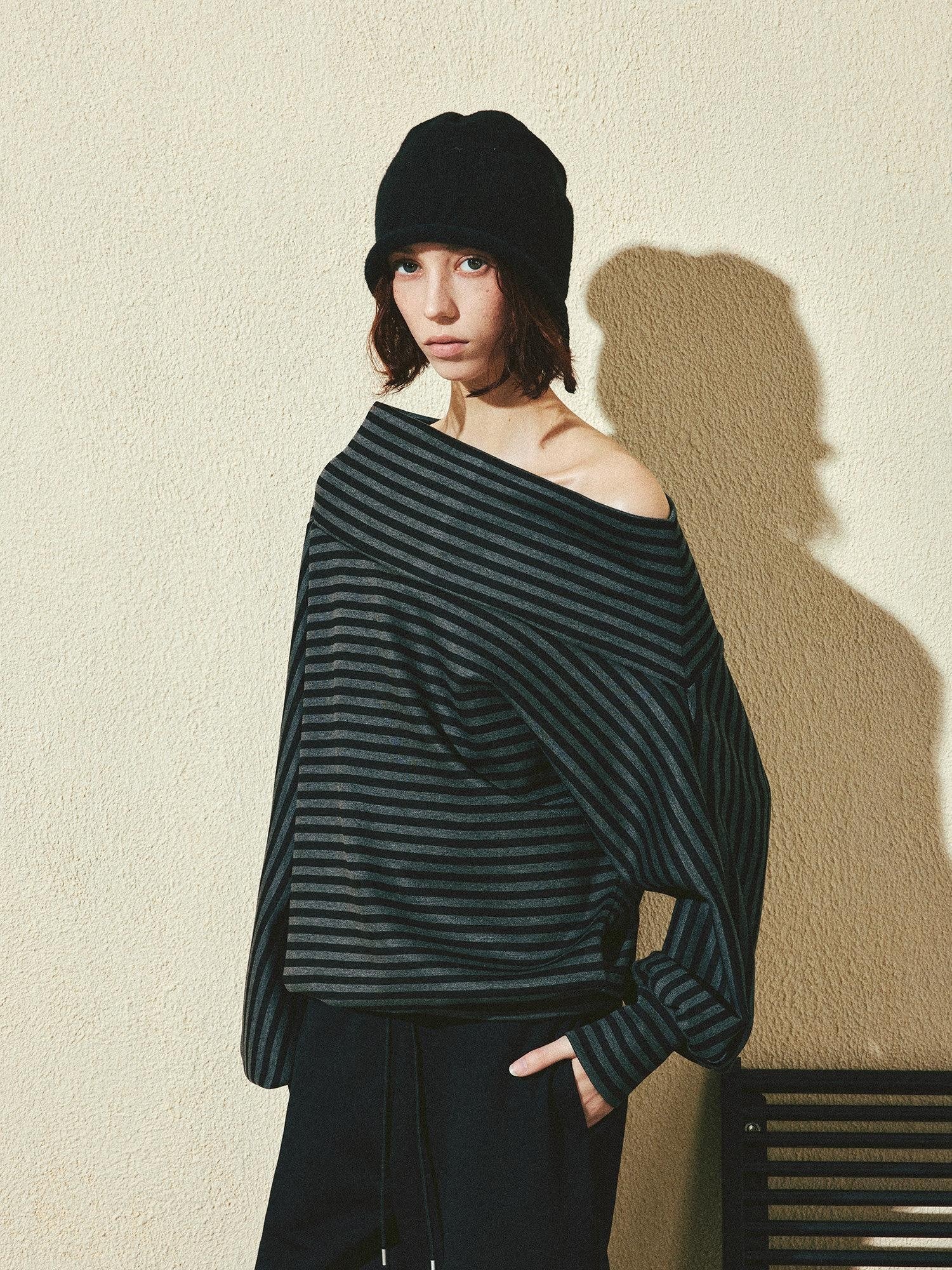 kvkv Dark Gray Stripe Asymmetrical Button Oversized Women&
