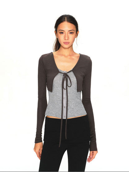 kvkv Dark Grey Knit Color Block Lace Up Women&