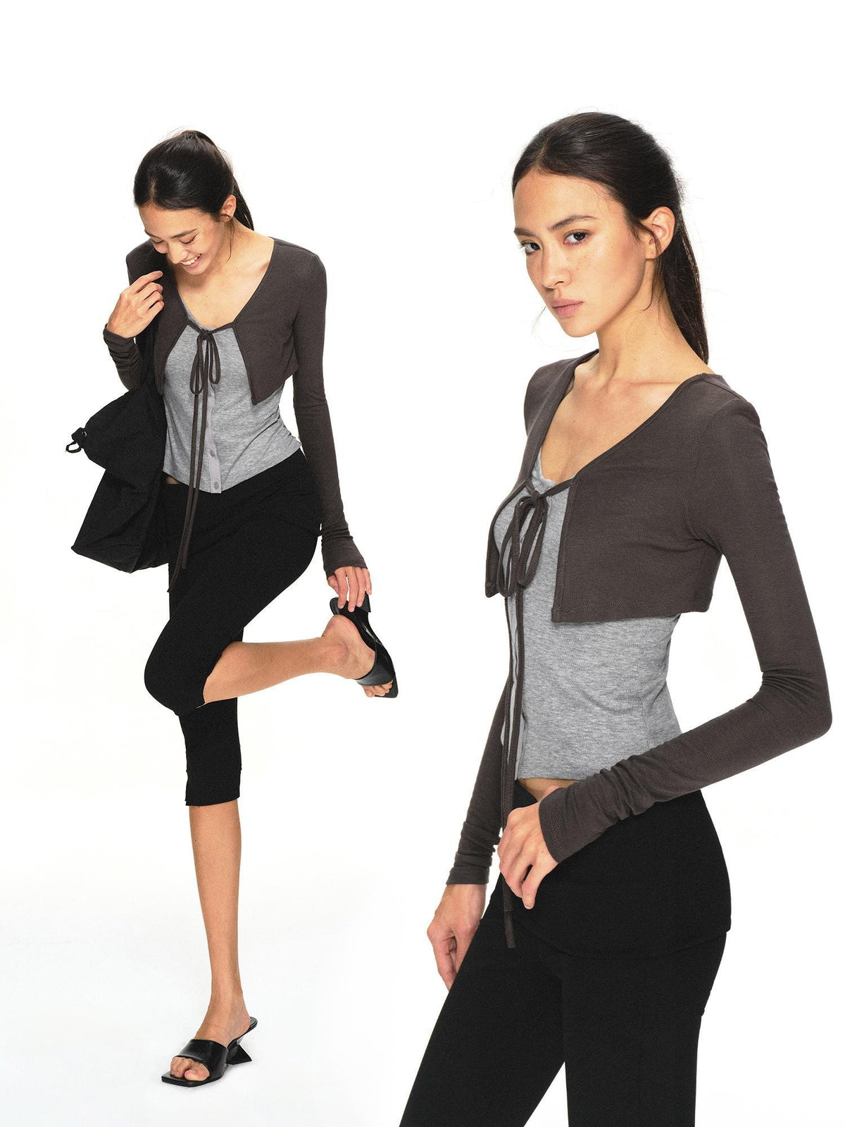 kvkv Dark Grey Knit Color Block Lace Up Women&