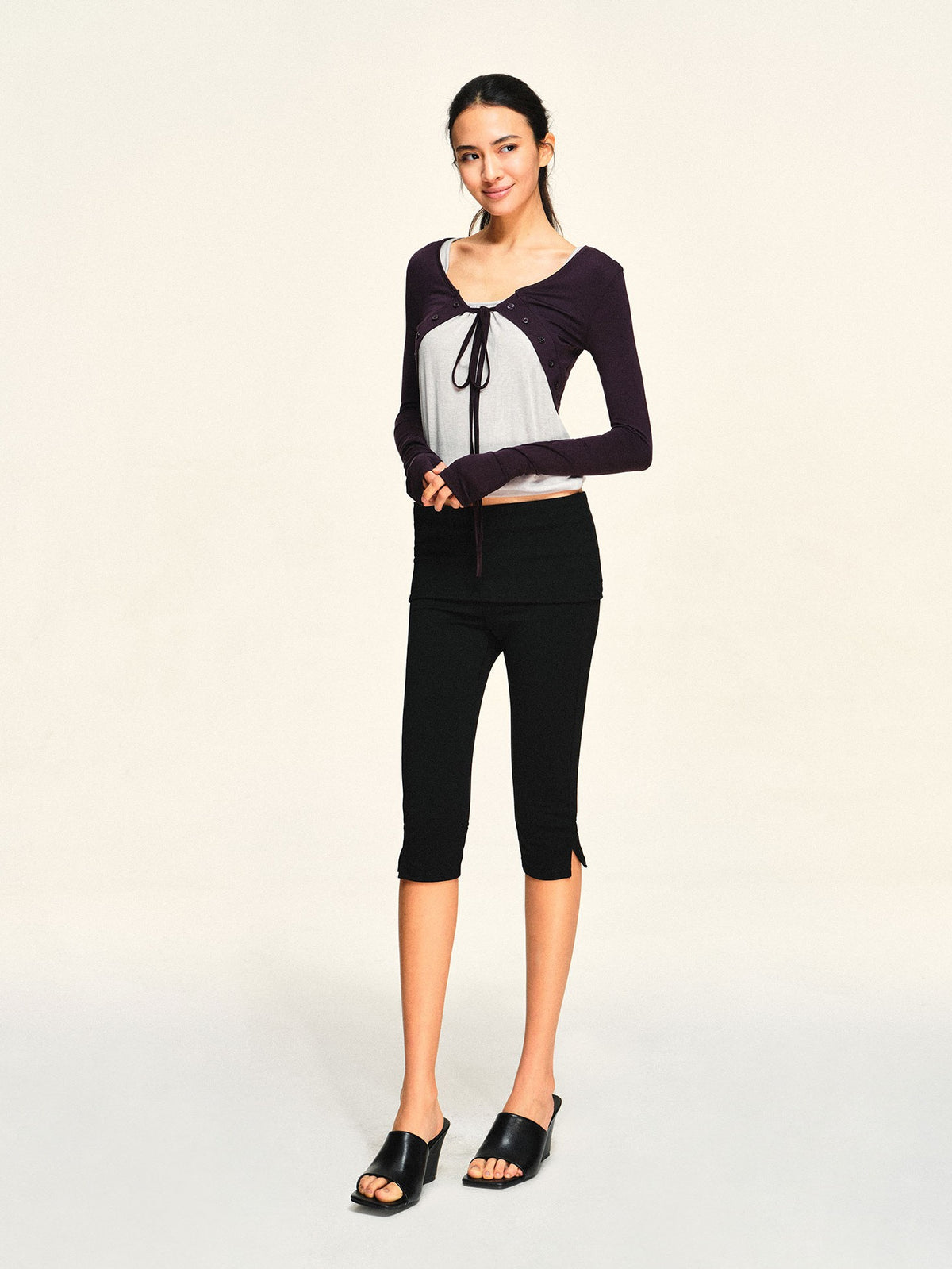 kvkv Dark Purple Floral Knit Button Lace Up Women&