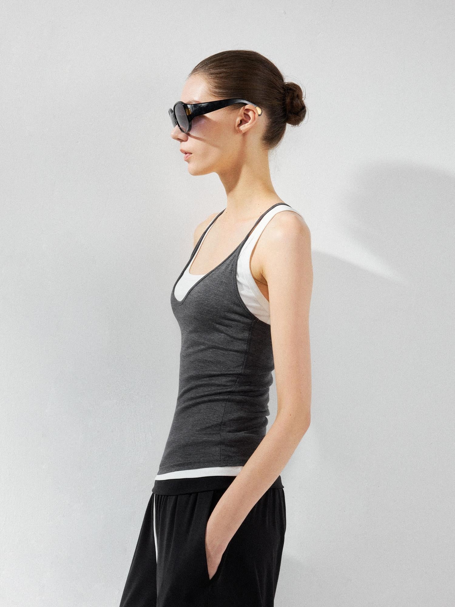 kvkv Deep Gray Contrast Faux Two Piece U Neck Women&