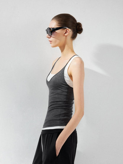 kvkv Deep Gray Contrast Faux Two Piece U Neck Women&