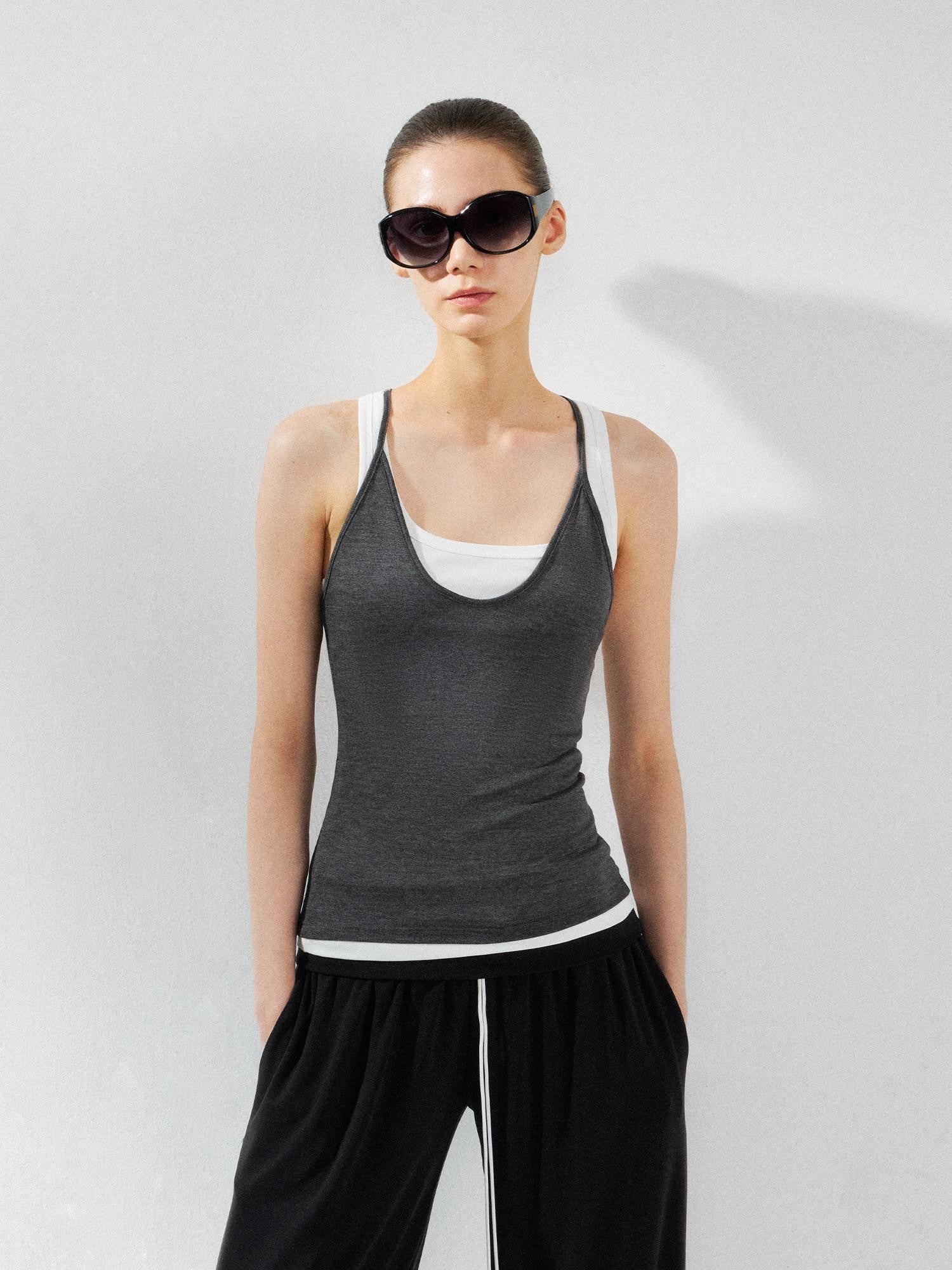 kvkv Deep Gray Contrast Faux Two Piece U Neck Women&