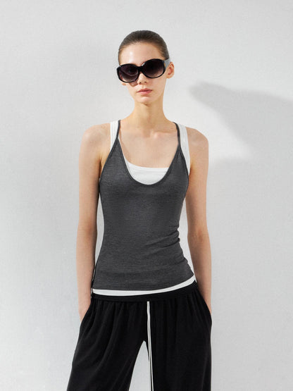 kvkv Deep Gray Contrast Faux Two Piece U Neck Women&