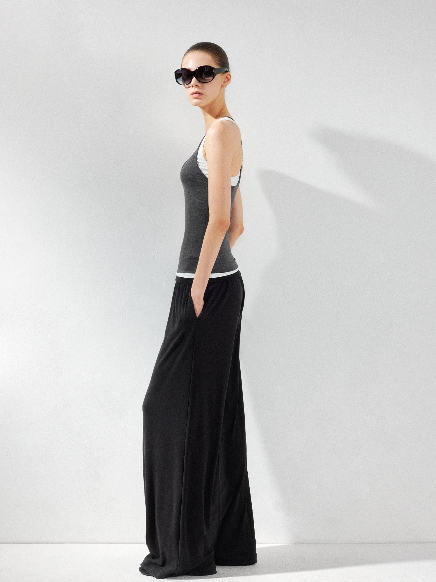 kvkv Deep Gray Contrast Faux Two Piece U Neck Women&